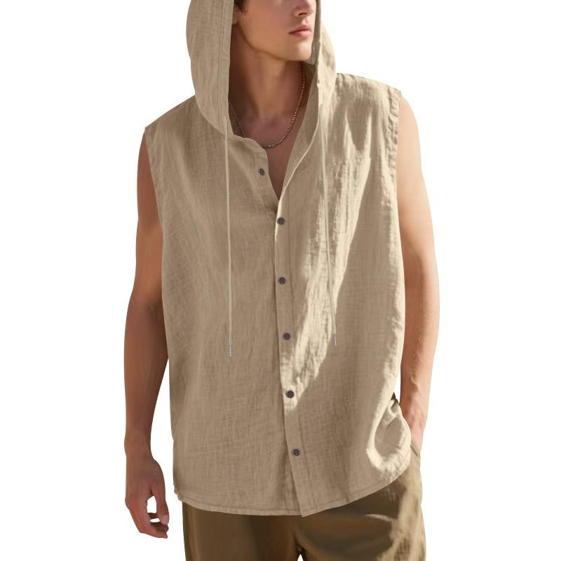 2025 Summer Mens Sleeveless Shirt New Men Loose Casual Linen Hooded Shirt Male Thin Waistcoat Male Trendy Casual Shirt