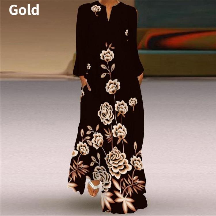 Fashion Graphic Print Long Sleeve Maxi Dress for Women V Neck Loose Casual Floor Length Dress with Pocket