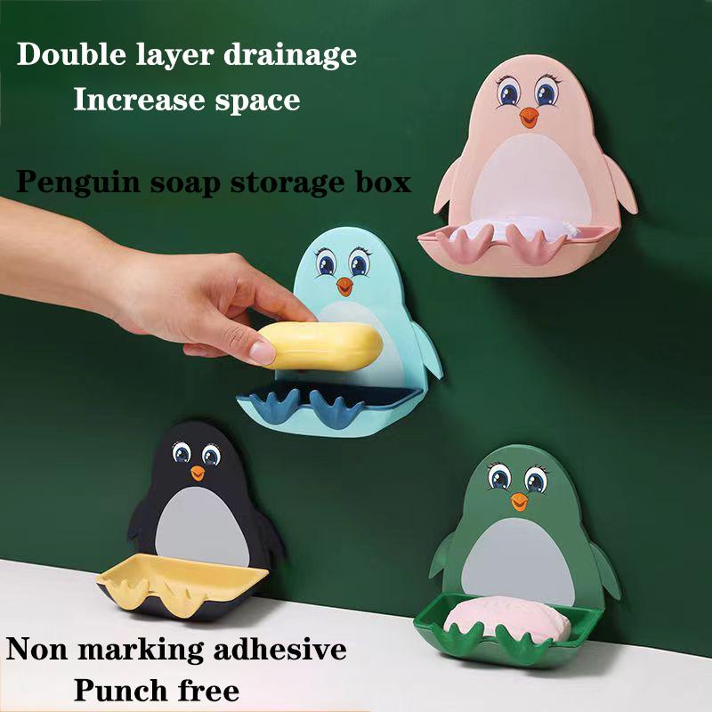 Bathroom Household Perforated Little Penguin Drain Toilet Soap Box Wall Mounted Soap Dish Toilet Suction Cup Storage Soap Box