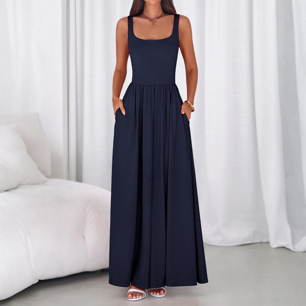 Women Casual Color Square Neck Long Dress