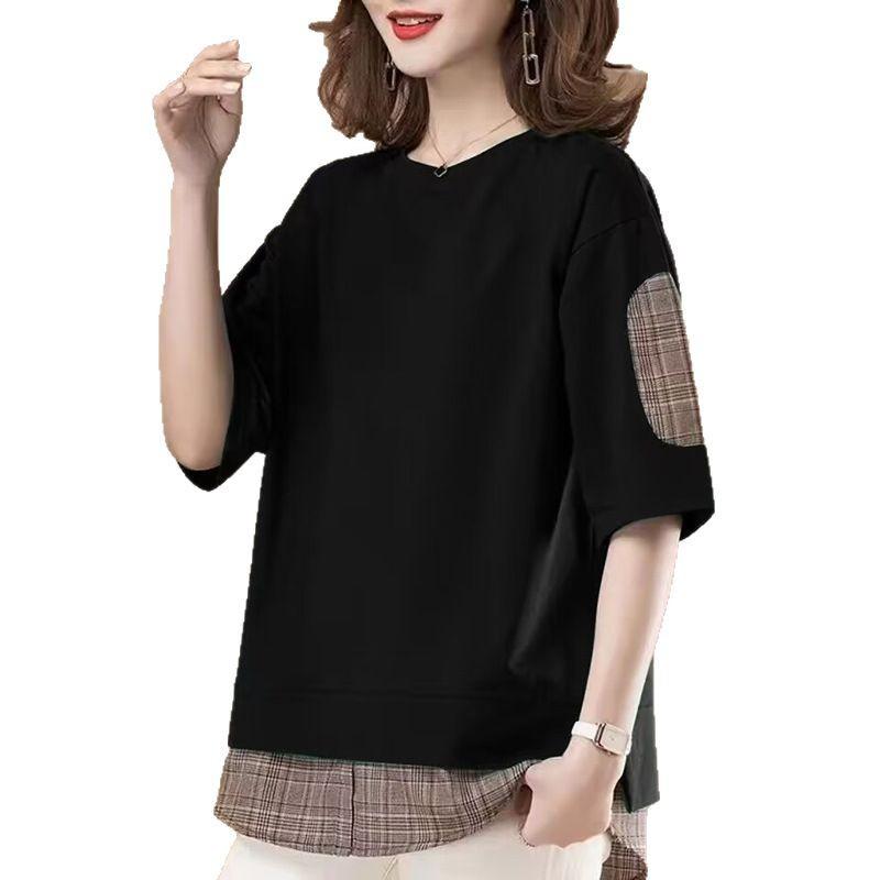 Design sense fake two-piece T-shirt women's short-sleeved 2025 summer new loose casual mother large size meat-covering and thin top