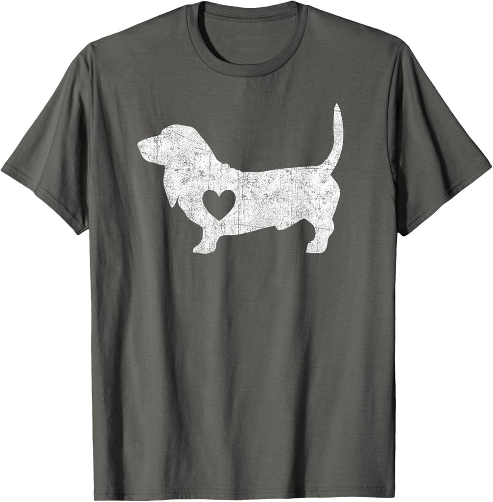 Basset Hound Heart Silhouette Distressed Graphic Tee Cotton Casual Short Sleeve T-Shirt for Men Women