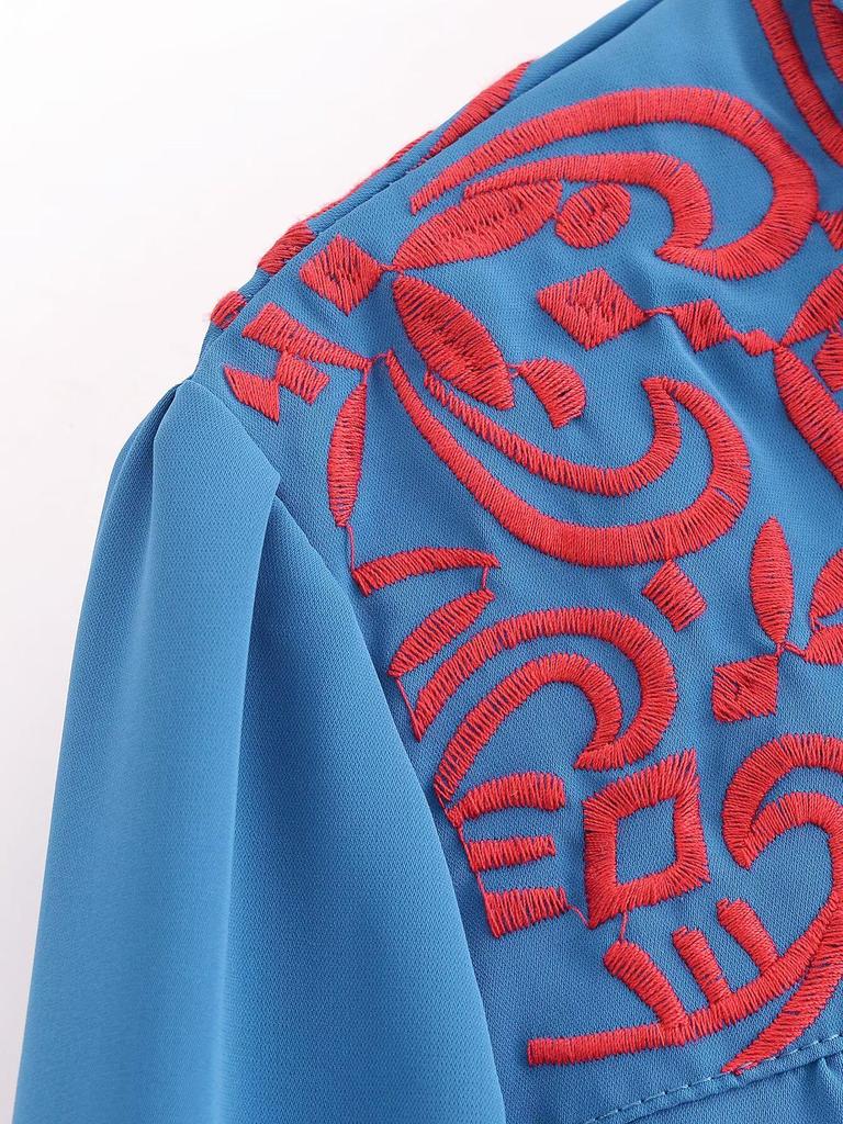 2024 Autumn Women's European & American Style Red Embroidered Denim Shirt