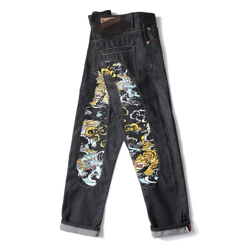 RogueWave New Japanese Hipster Retro Hip-hop Fashion Print Jeans High Street Leisure Slim Straight Embroidery Y2k Print Stitching Trousers