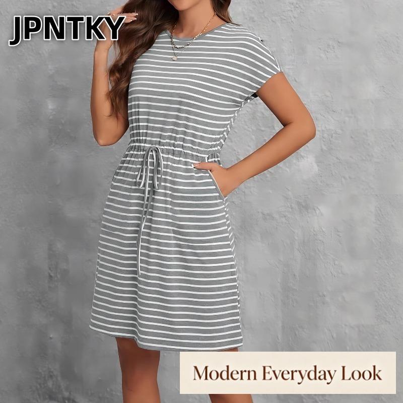 JPNTKY Women's Fashion Summer Spring Short Sleeve O-Neck Casual Dresses
