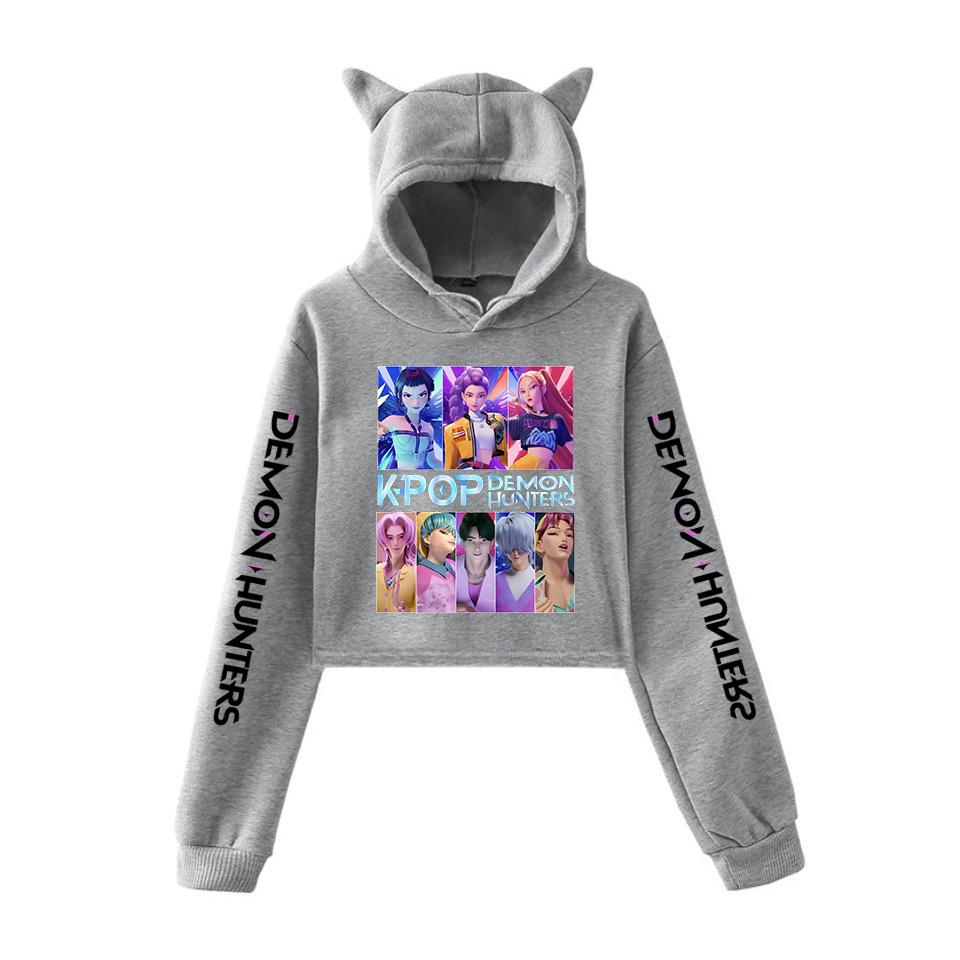 Anime K-Pop Dämonenjäger Saja Boys Crop Tops Katzenohren Sweatshirt Langarm Mädchen Mode Kapuzenpullover