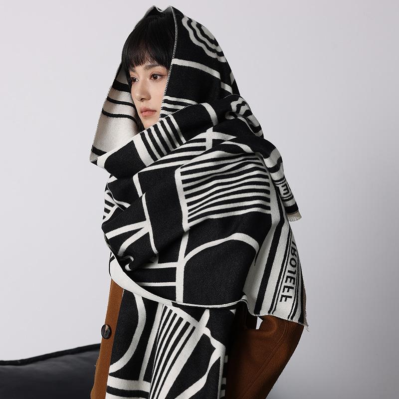 Autumn And Winter Trend Black And White Imitation Cashmere Scarf Printed Outer Shawl Women'S Personality Niche Big-Name Scarf Women