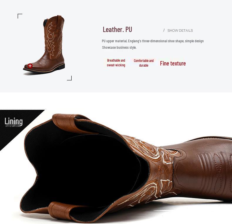 Men's Size 48 Leather High-Top Boots - Retro Cowboy Style for Spring, Autumn, and Winter