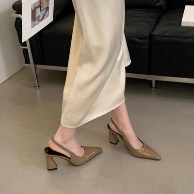 Internet Celebrities Popular Thick Heel Pointed Empty Sandals Soft Leather High Heels Temperament Shoes Women Summer and Autumn