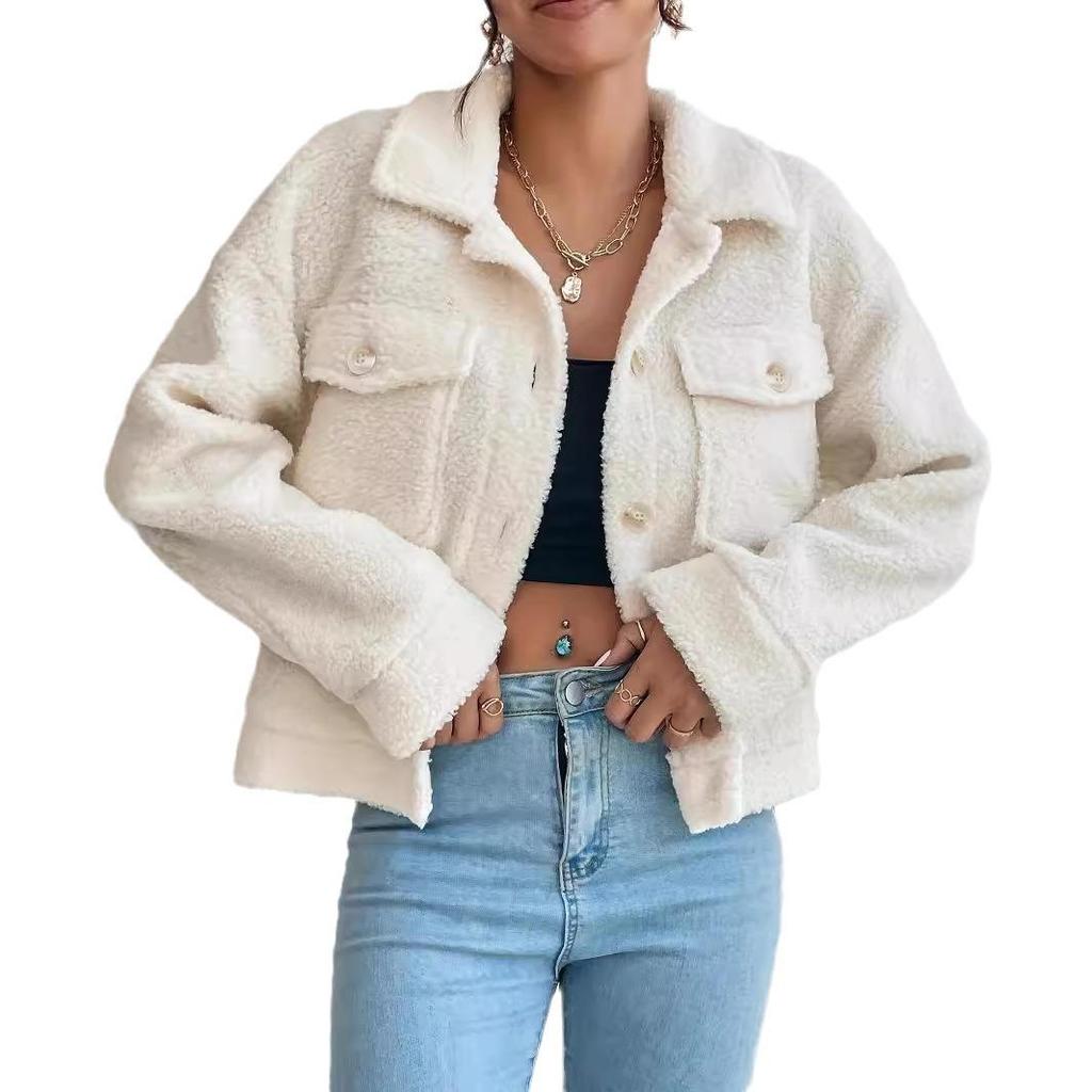 Women's Short Plush White Wool Coat - Winter Design