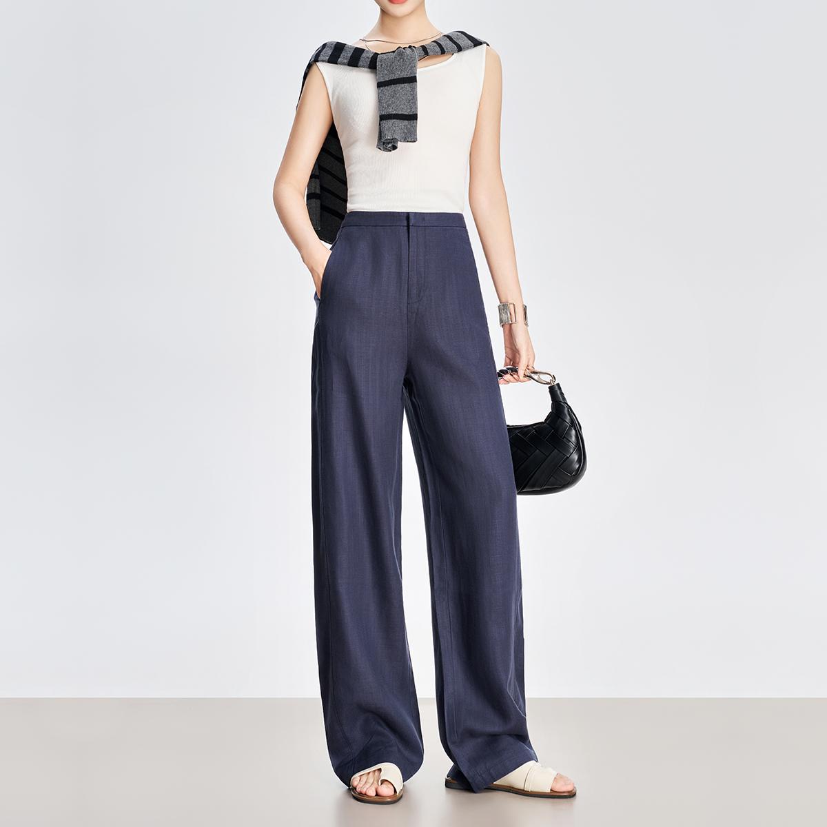 

High-End Women s Tencel Linen Wide-Leg Pants: Spring/Summer, Thin Style, Relaxed Fit, Old Money Look, Straight Leg, Tall-Friendly. S темно-синий