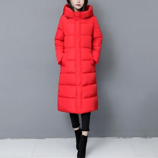 Winter Down Coat Thickened Padded Hooded Stand Collar Knee Length Pockets Zipper Closure Windproof Heat Retention Warm Daily Outwear Cotton Jacket