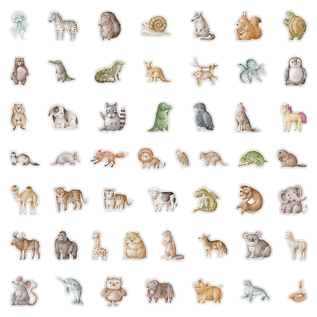 50 Watercolor Cartoon Animal Graffiti Stickers Car Mobile Phone Stationery Box Decoration Stickers Waterproof Creative Stickers