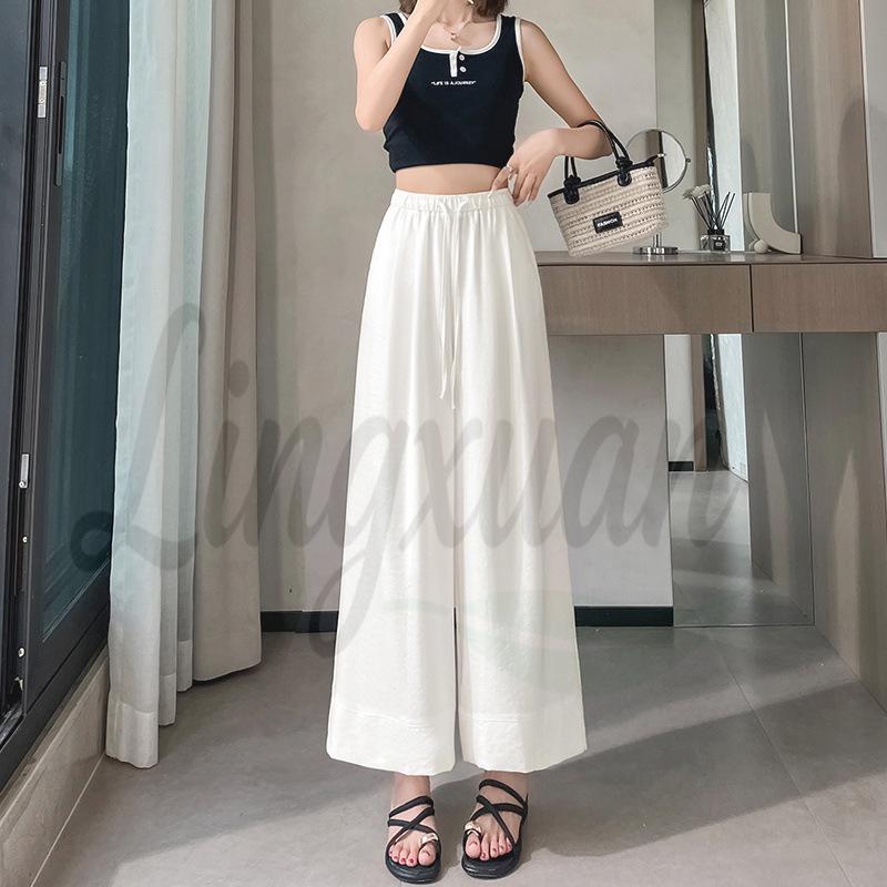 Women s 2026 Summer White Ice Silk High-Waisted Wide-Leg Split Pants S