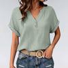 Women's V-Neck Short Sleeve Button Front Crinkle Fabric T-Shirt with Rolled Hem