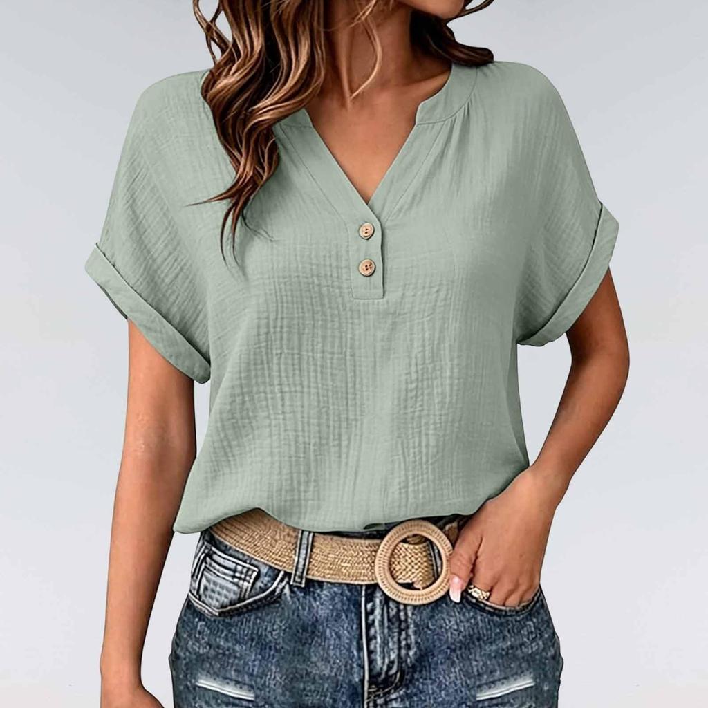 Women's V-Neck Short Sleeve Button Front Crinkle Fabric T-Shirt with Rolled Hem
