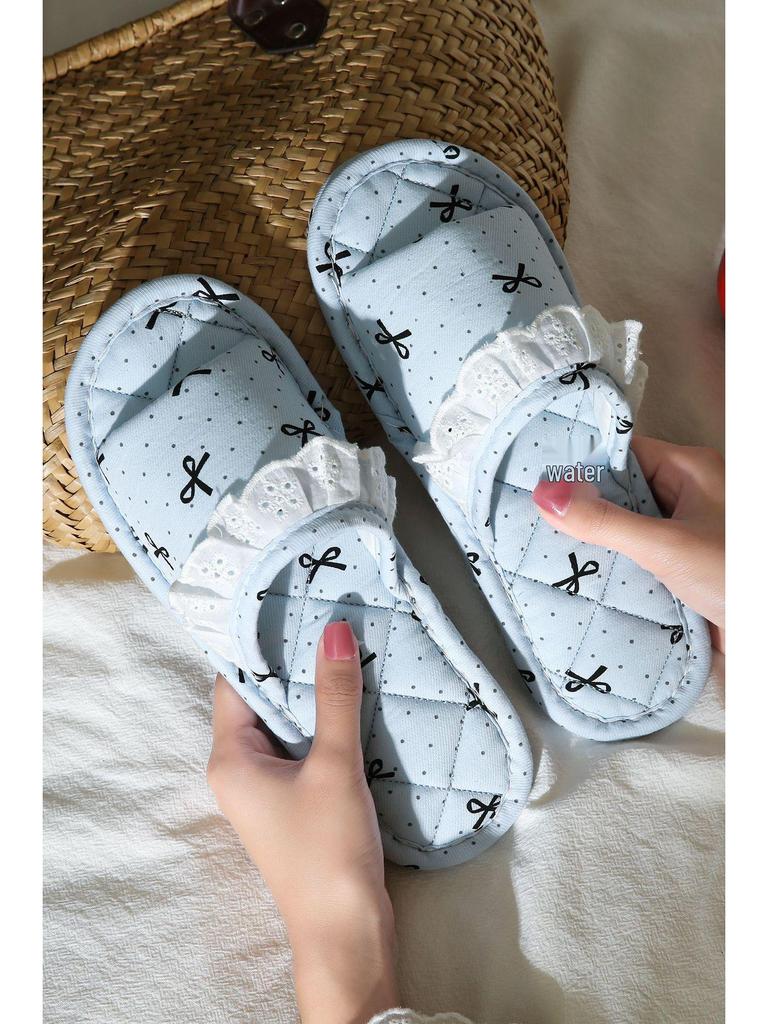 Korean Style Handmade Cotton Bow Soft Sole Indoor Slippers
