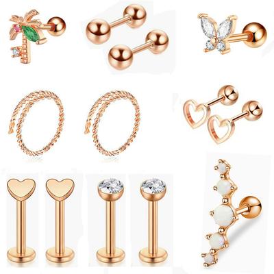 Nerūsējošā tērauda kokosriekstu koks, nedaudz inkrustēts vermikulīts, mīksti ausu nagi ausu sprādzes auskari Eiropas un amerikāņu punkcija