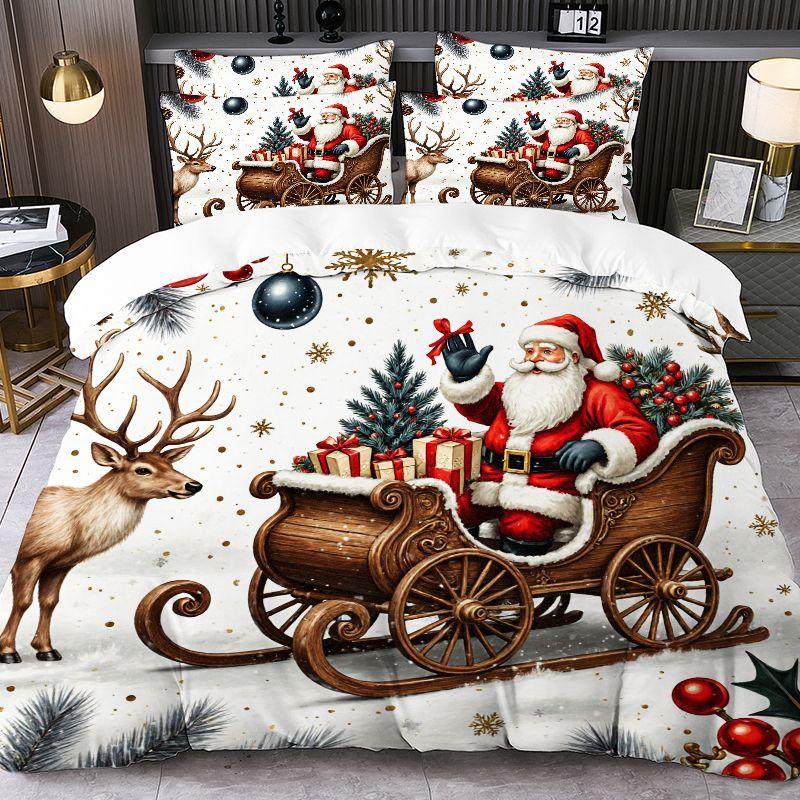 Christmas-themed Printed Duvet Cover and Pillowcase Set Santa Claus Reindeer Sleigh Christmas Tree Snowflakes 2pcs/3pcs Bedding