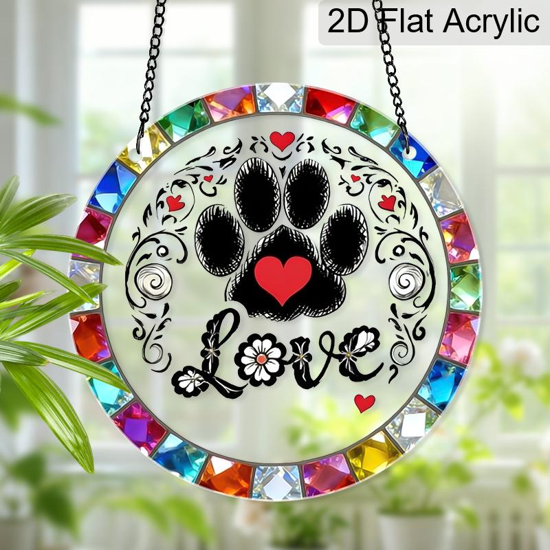 2D Flat Acrylic Paw Print Suncatcher, 7.87/11.81in Colorful Love Pet Window Hanging, Stained Style Decor, Pet Lover Gift
