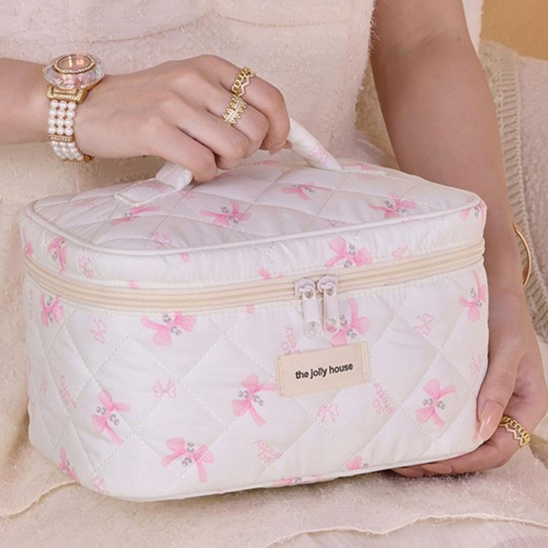 Fashionable Bowknot Quilted Makeup Bag Accessory for Women Daily Casual Use Elegant Travel Cosmetic Storage Items