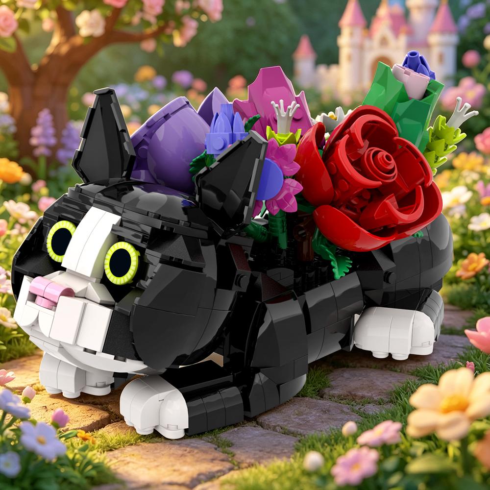 Cat Flower Bouquet Succulent Planter Building Blocks Set Creative Plants and Animals Model Decoration DIY Bricks Toys Xmas Gifts