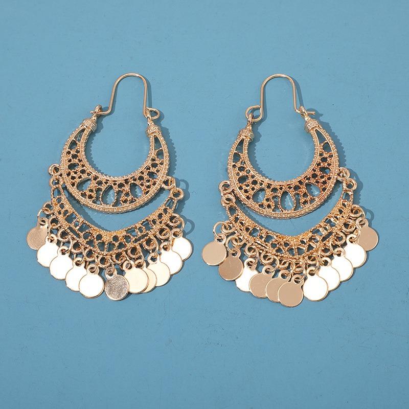 Bohemian  Trendy Gold Sequin Tassel Hoop Drop Earrings Women's Luxury Ethnic Style Party Bridal Gift Accessories