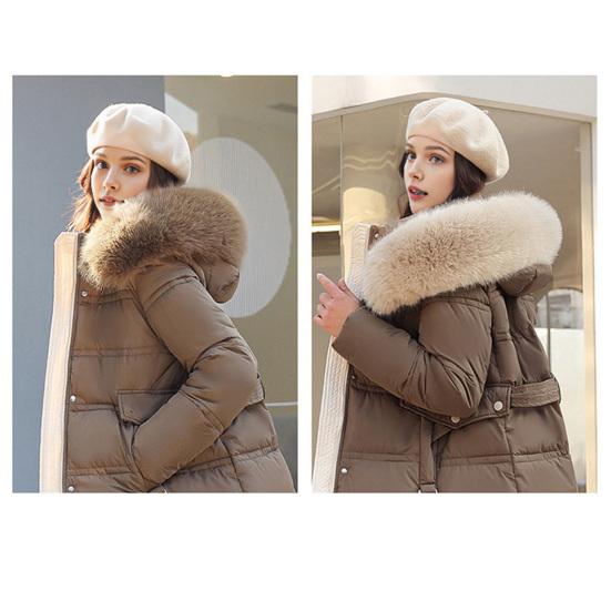 Winter Women Cotton Jacket with Hood Neck Protection Long Sleeves Pockets Mid-calf Length Zipper Closure Padded Coat Solid Color Windproof Outwear