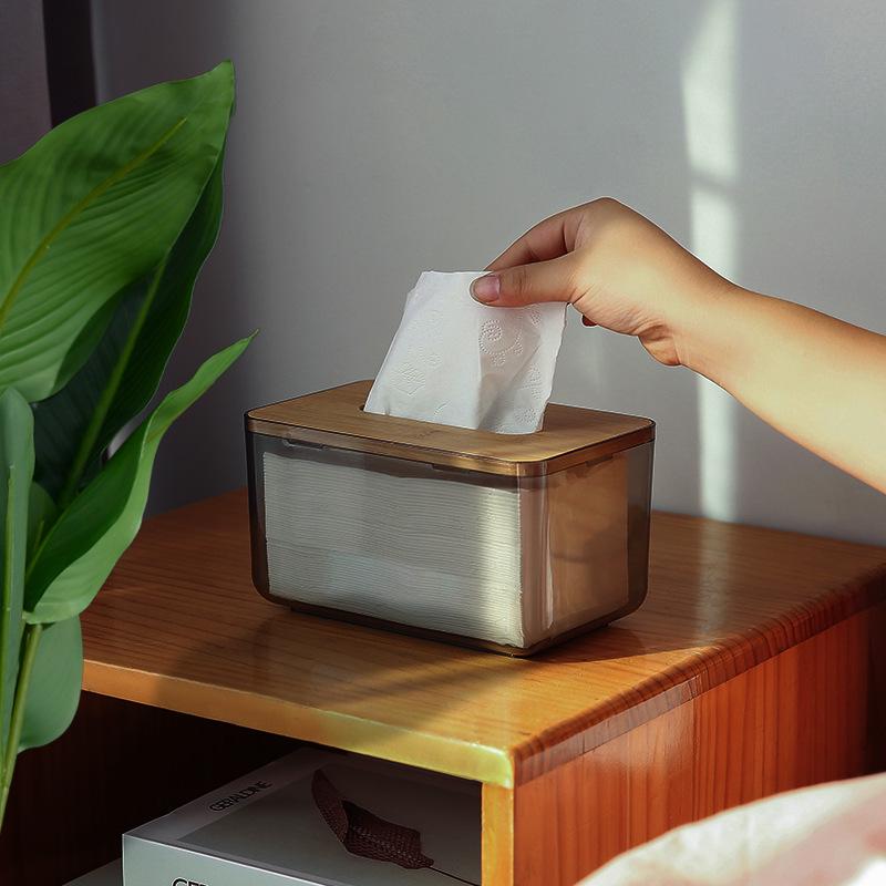 Nordic PET Transparent Tissue Box with Bamboo Lid - Creative Living Room Napkin Holder