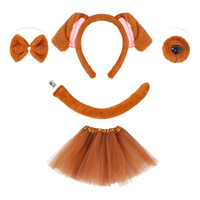 Dog Tail with Dog Ear Headband Nose Tail Skirt Bowtie Halloween Dog Costume for Children Teen Adult Cosplay