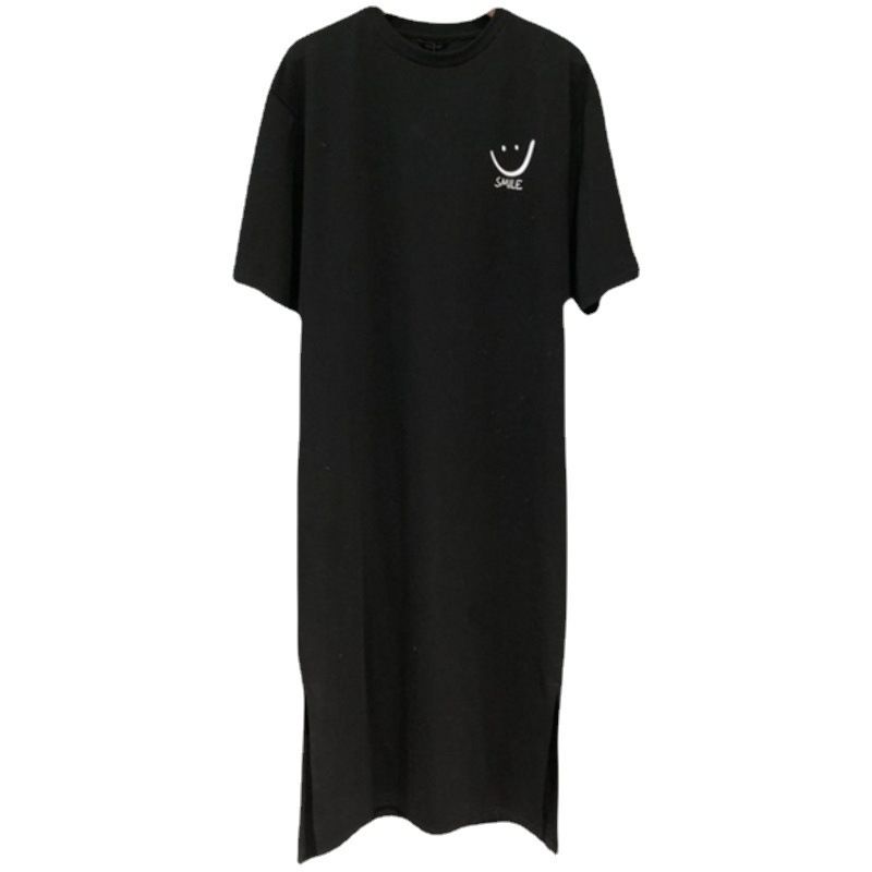 Summer Short Sleeved Loose Korean Printed Slit Mid Length Dress T-shirt for Women's Fashion