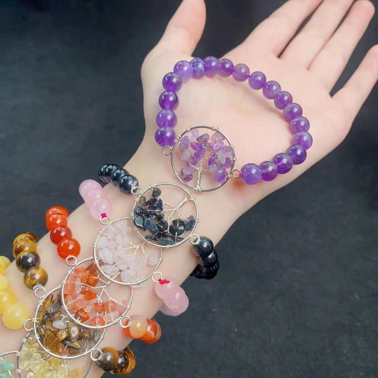 Natural Crystal Dream Catcher Bracelet: Black Obsidian, Amethyst, Tiger Eye, Rose Quartz Beads