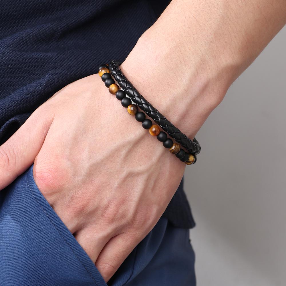 Men's Versatile High-End Natural Tiger Eye & Volcanic Stone Beaded PU Leather Bracelet