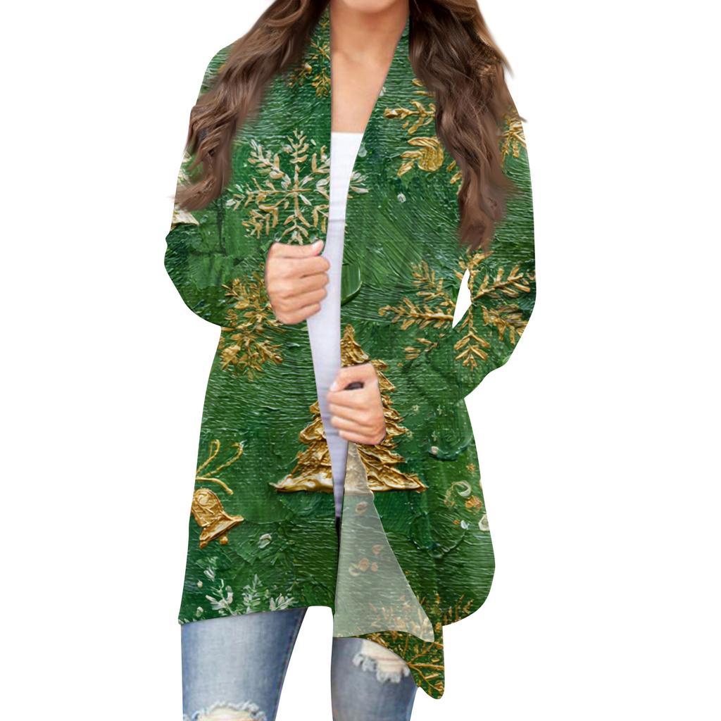 Women's Fashion Christmas Print Jacket Long Sleeve Casual Cardigan Coat
