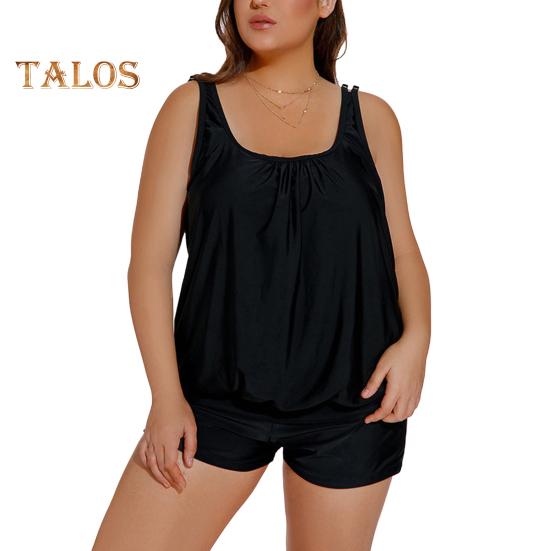 2Pcs/Set Women Tankini Set U-neck Sleeveless Tops High Waist Swimming Trunks Set Split Design Beach Vacation Wear