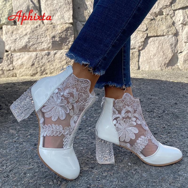 Fashion Aphixta Plus Size 43 Summer Breathable Sandals Boots Women Lace Air Mesh Crystals Transparent Square Heels Back Zipper Boots