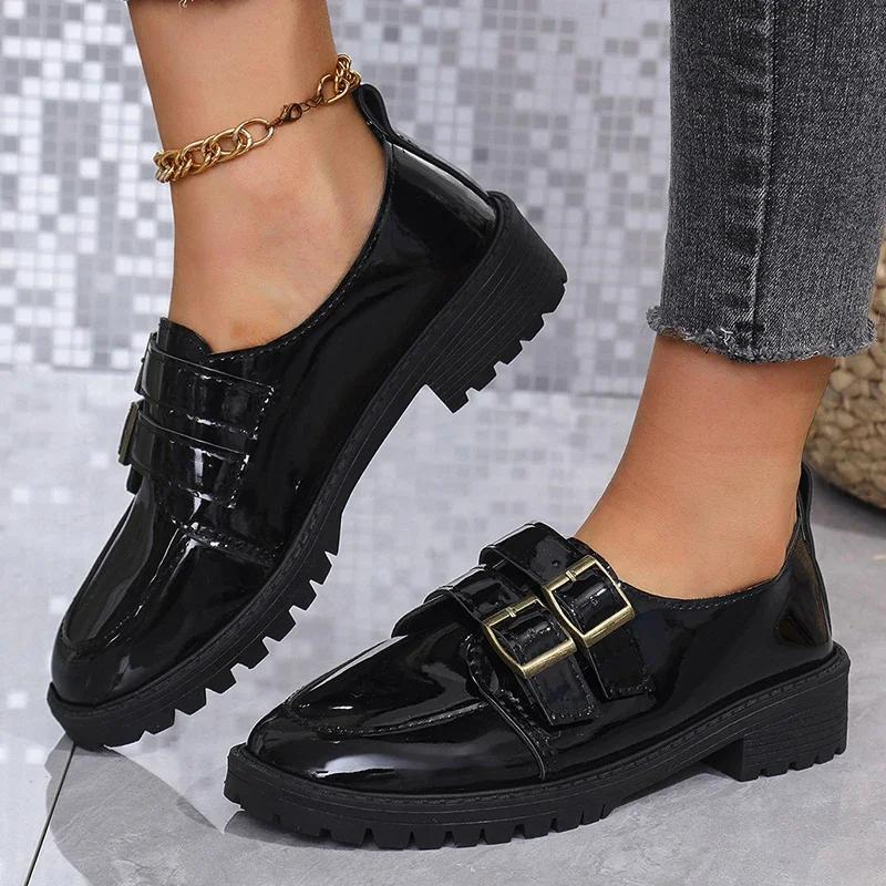 2024 Autumn Women New Buckle Decor Loafers Retro Solid Mary Jane Shoes Daily Shopping Ladies Thick Heels Zapatos Mujer