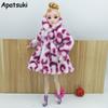 Kids Toy Doll Accessories Winter Warm Wear Pink Fur Coat Mini Clothes Dress For Barbie Dolls Fur Doll Clothing With Waist Belt