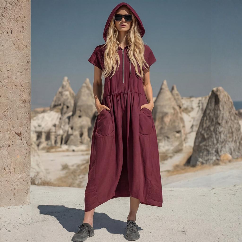 Damen Vintage Baumwoll-Leinen Kapuzen-Halbreißverschluss Mittellanges Kleid