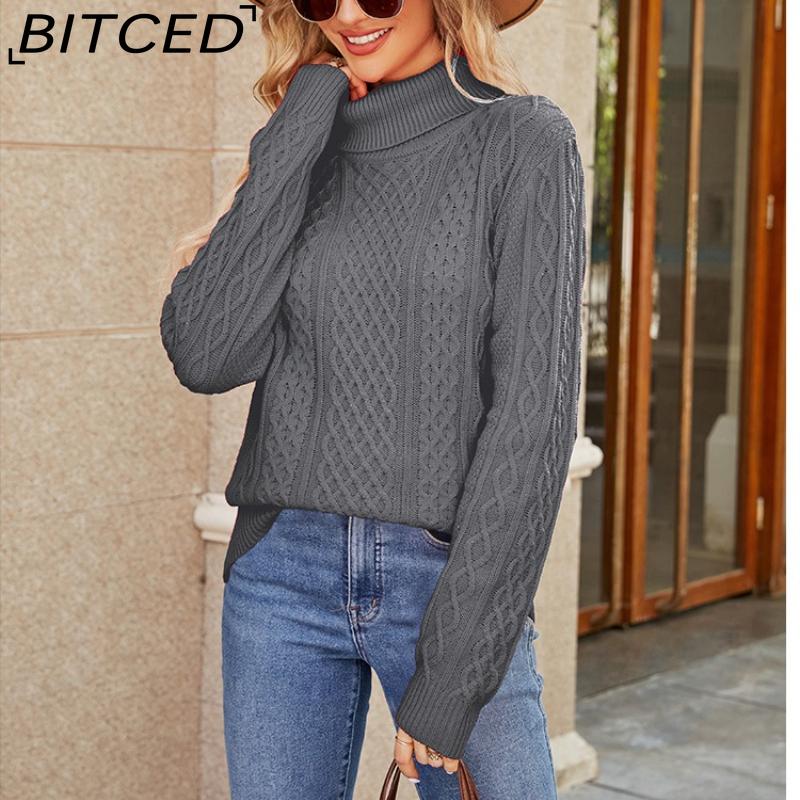 BITCED Women's Autumn/Winter Solid-Colour Knitted Top with High-Neck Cable-Knit Sweater Elegant High-Neck Base Layer