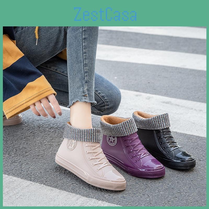 Canvas Pvc Women Waterproof Shoes Platform Ankle Rain Boots Fashion Outdoor Rain Shoe Ladies Non Slip Plus Cotton Silicone Boots