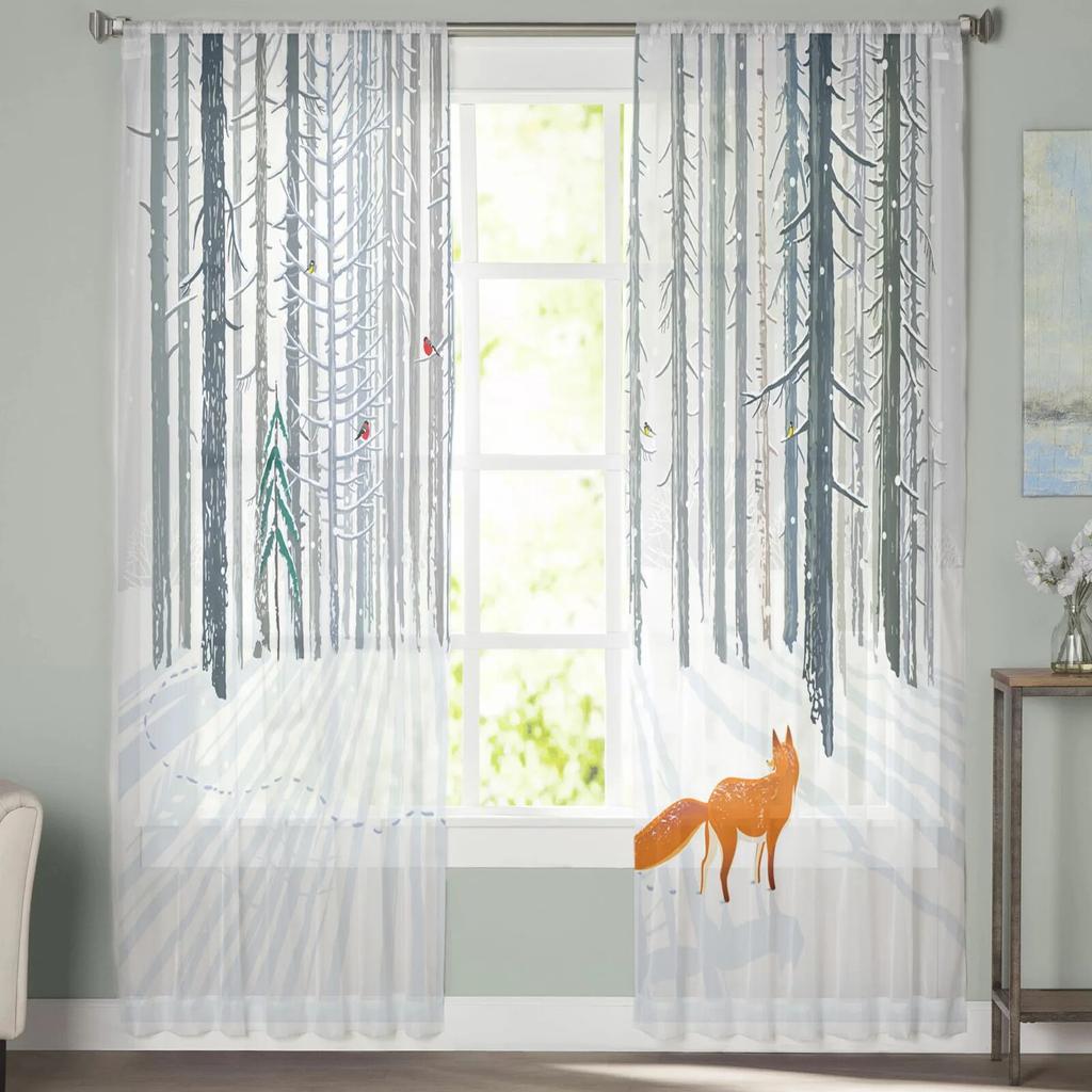 Animal Bird Fox Forest Winter Window Curtains for Living Room Kitchen Door Curtain Sheer Curtains for Bedroom