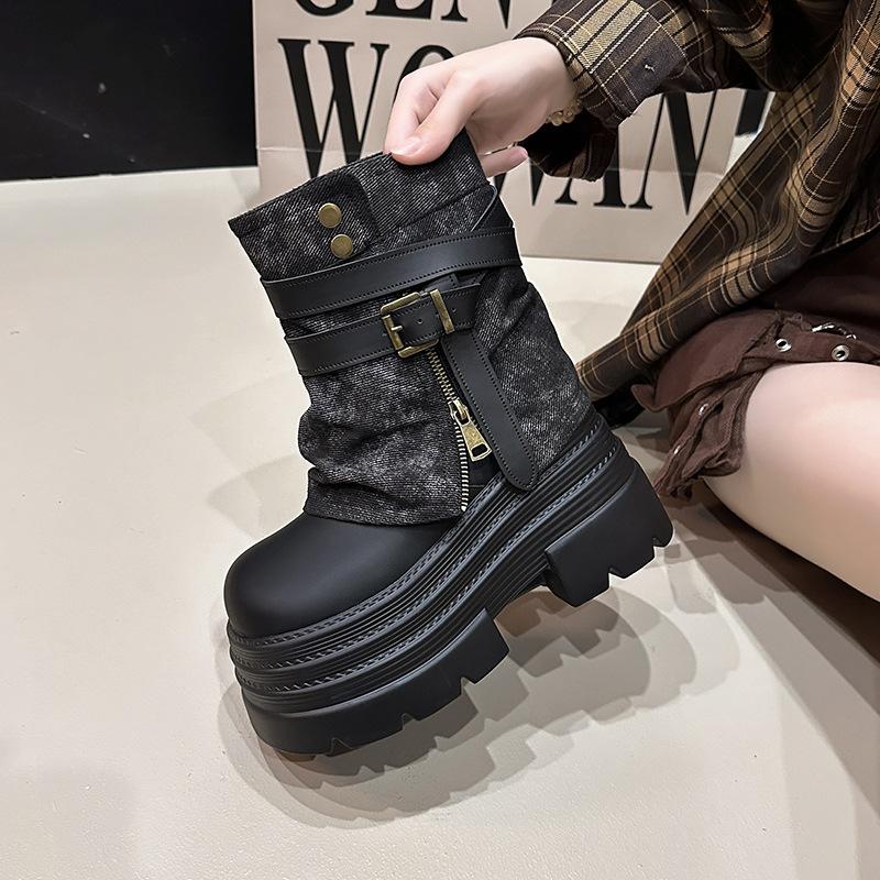 Thick-soled Martin Boots Women's 2025 Autumn New Trouser Tube Short Boots British Style Retro Height-increasing and Thin Locomotive Boots