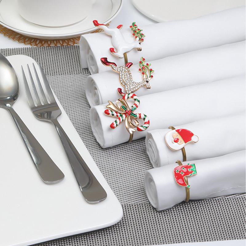 Christmas Napkin Ring Metal Xmas Bell Elk Napkin Holder Flower Wreath Rings Wedding Banquet Hotel Table Decoration Accessories