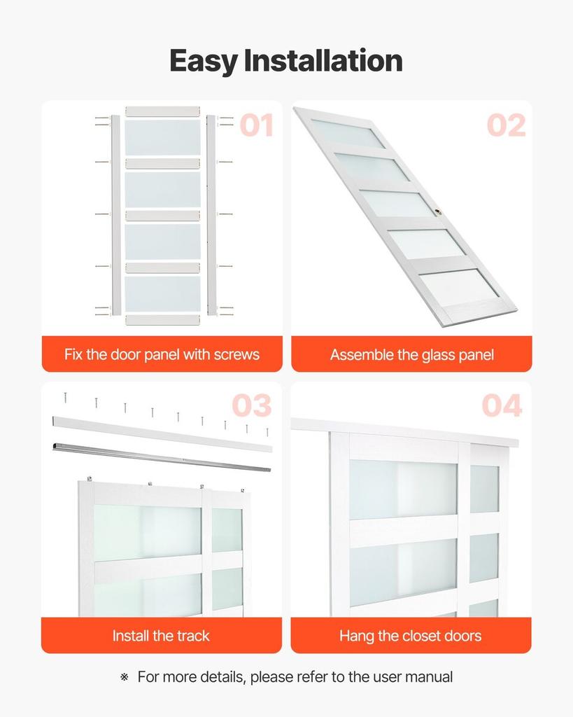 Sliding Closet Door, 1524mm (Double 787mm) x 2032 mm, 5-Lite Frosted Glass Bypass Sliding Doors with Hardware Kit, Solid Wood & MDF Slab with