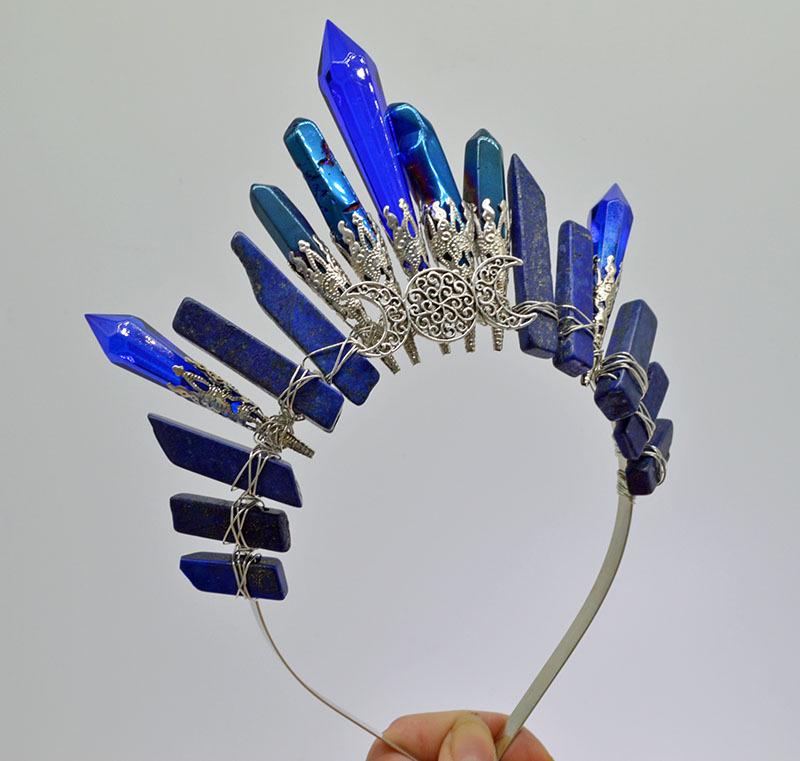 Retro Silver Moon Crystal Glass Crown Headband