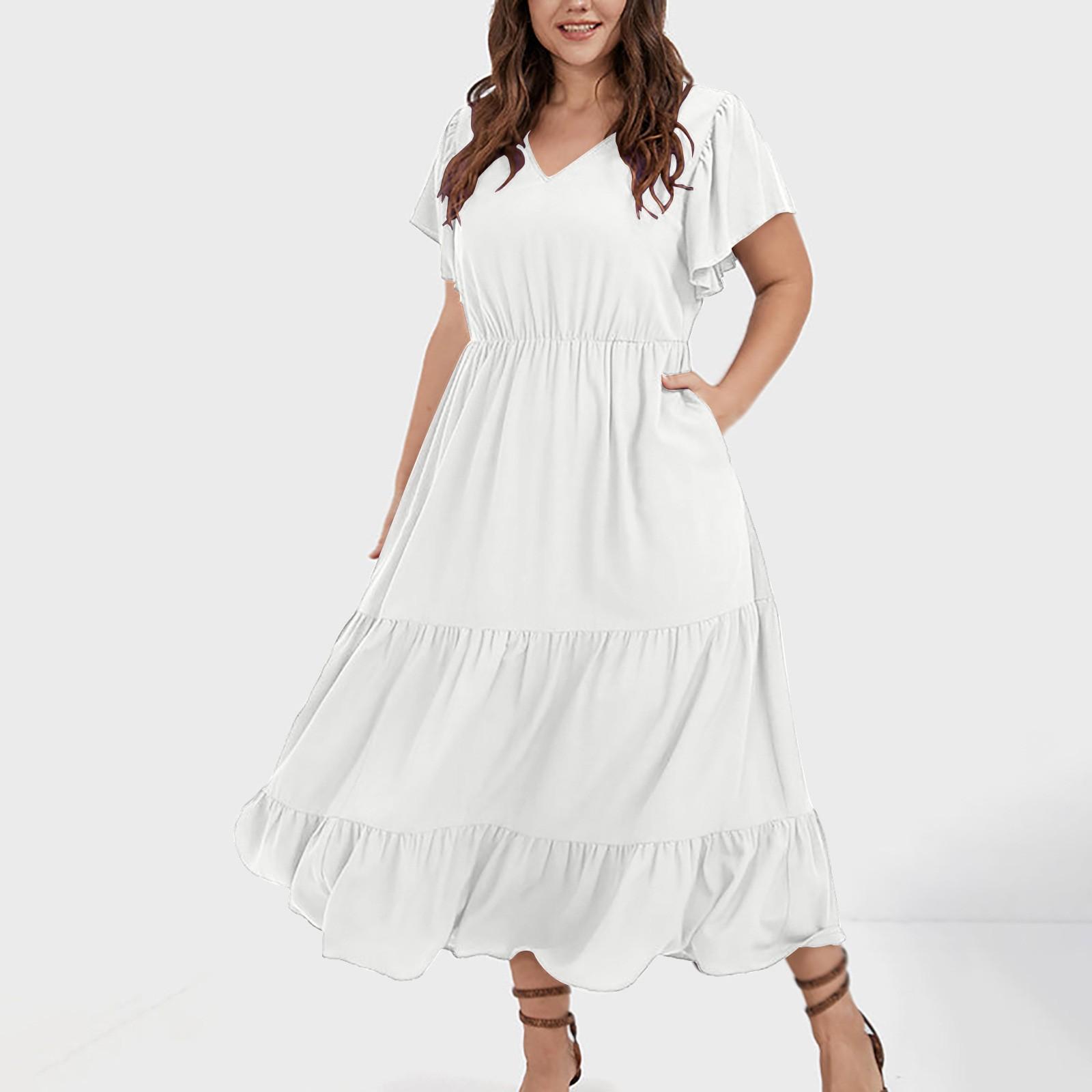 Large Women s V-neck Ruffle Dleeve Pleated Casual Large Skirt XXL белый