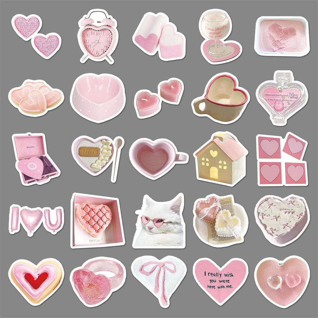 Heart-Shaped Pink Nordic Stickers - 50 pcs Waterproof DIY Decorative for Phone Cases