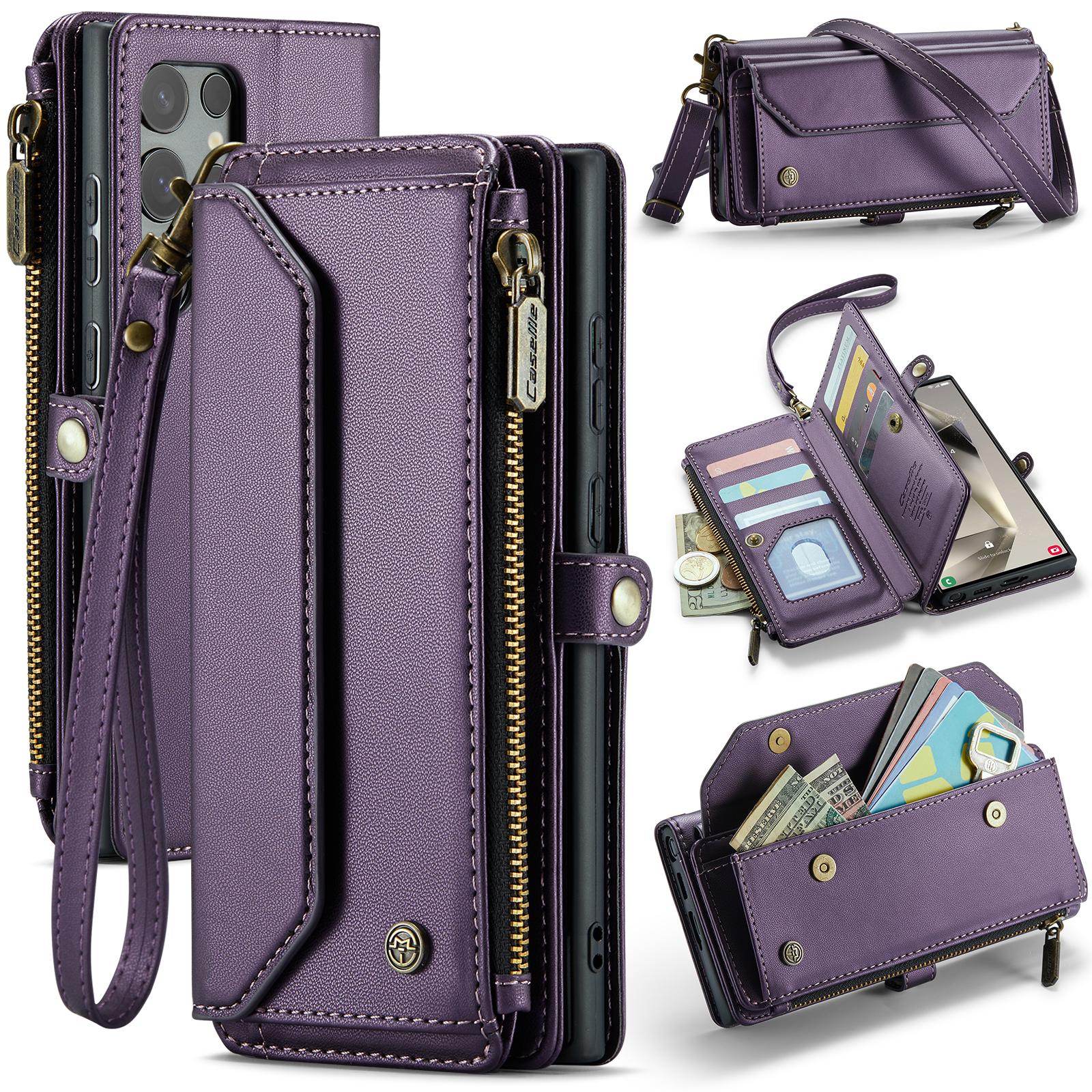 

For Samsung Galaxy S25 Ultra Leather Case CASEME C36 Zipper 10 Card Slots Phone Cover with Straps Purple
