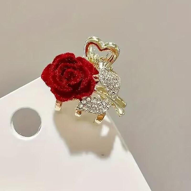 Beautiful Red Rose Flower Small Hair Claw Pretty Rose Metal Mini Decorative Hair Styling Clips Women Girls Hair Accessories